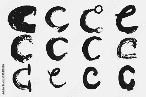 Letter C written by hand. Black letter C written in grunge calligraphy. Different versions of the font are hand-drawn in a careless style. Vector eps illustration.