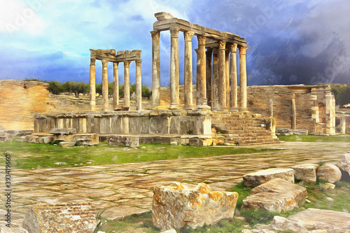 Ancient temple ruins colorful painting looks like picture, Dougga, Tunisia