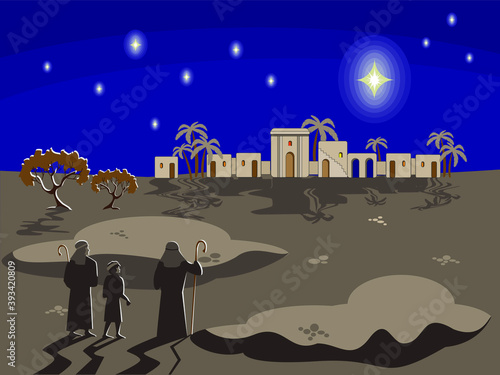 Christmas biblical scene with shepherds standing in historical costumes at night and looking at a star over the city of Bethlehem  palms  figs and stars against the dark sky. Greeting card  banner.