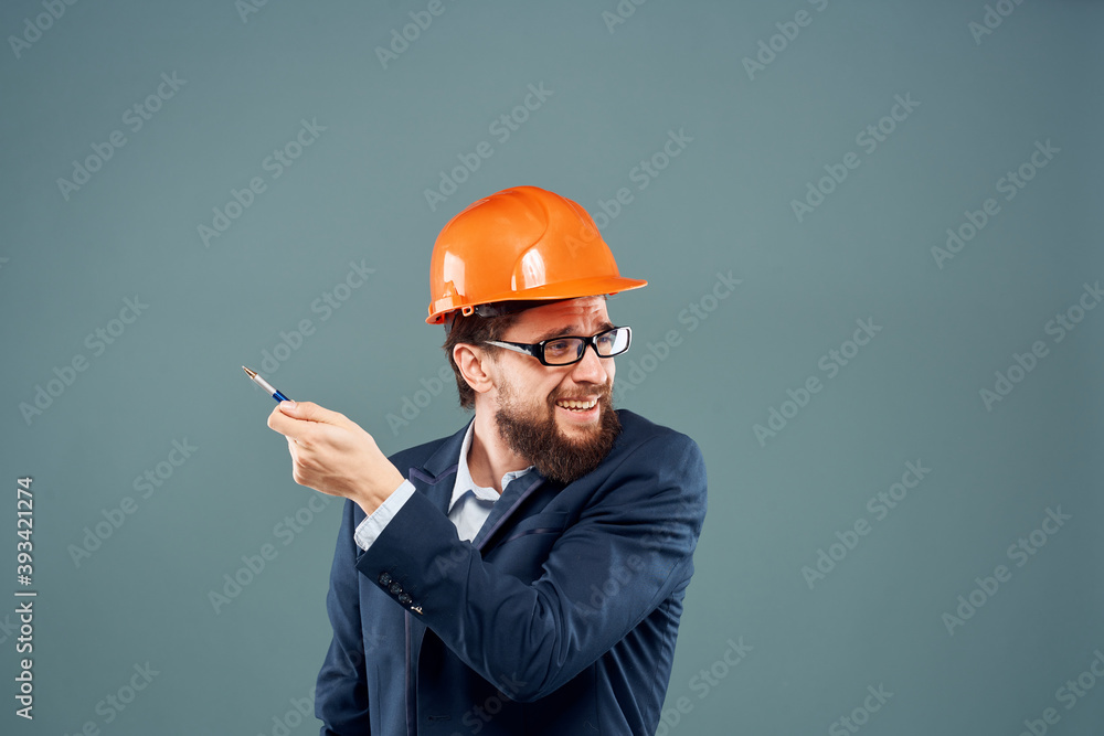 Male engineer orange hard hat construction industry emotions official Male engineer orange hard hat construction industry emotions official