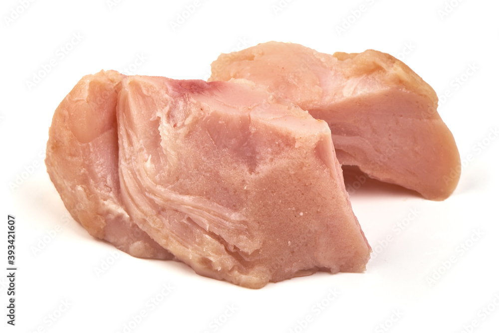 Smoked chicken meat pieces, isolated on white background Smoked chicken meat pieces, isolated on white background