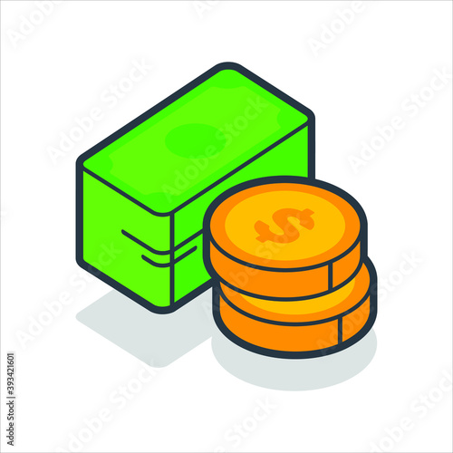 Dollars, coins, money isometric flat icon. 3d vector colorful illustration. Pictogram isolated on white background.