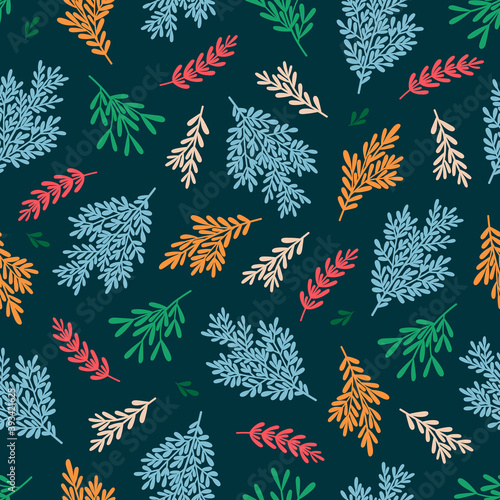 Winter seamless pattern with twigs, coniferous branches, leaves. Christmas illustration for fabric, wrapping paper, postcard design. Vector background.