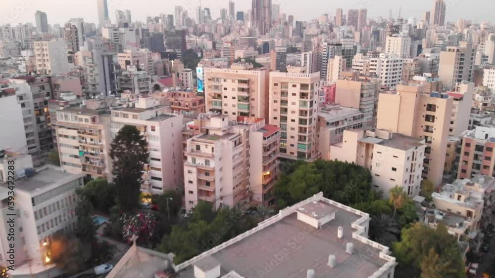 Drone shots over Beirut buildings during sunset time Drone shots over Beirut buildings during sunset time
