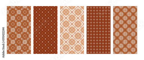 Scandinavian knitted seamless patterns set. Norwegian native style sweater with snowflakes and dots. Wool texture. Collection of winter holiday backgrounds in beige, brown colors. Vector illustration.