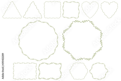 Green olive leaf twig wreath. Vector template with shape frame - square, circle, heart, triangle, hexagon, rectangle. Wedding invitation decor.