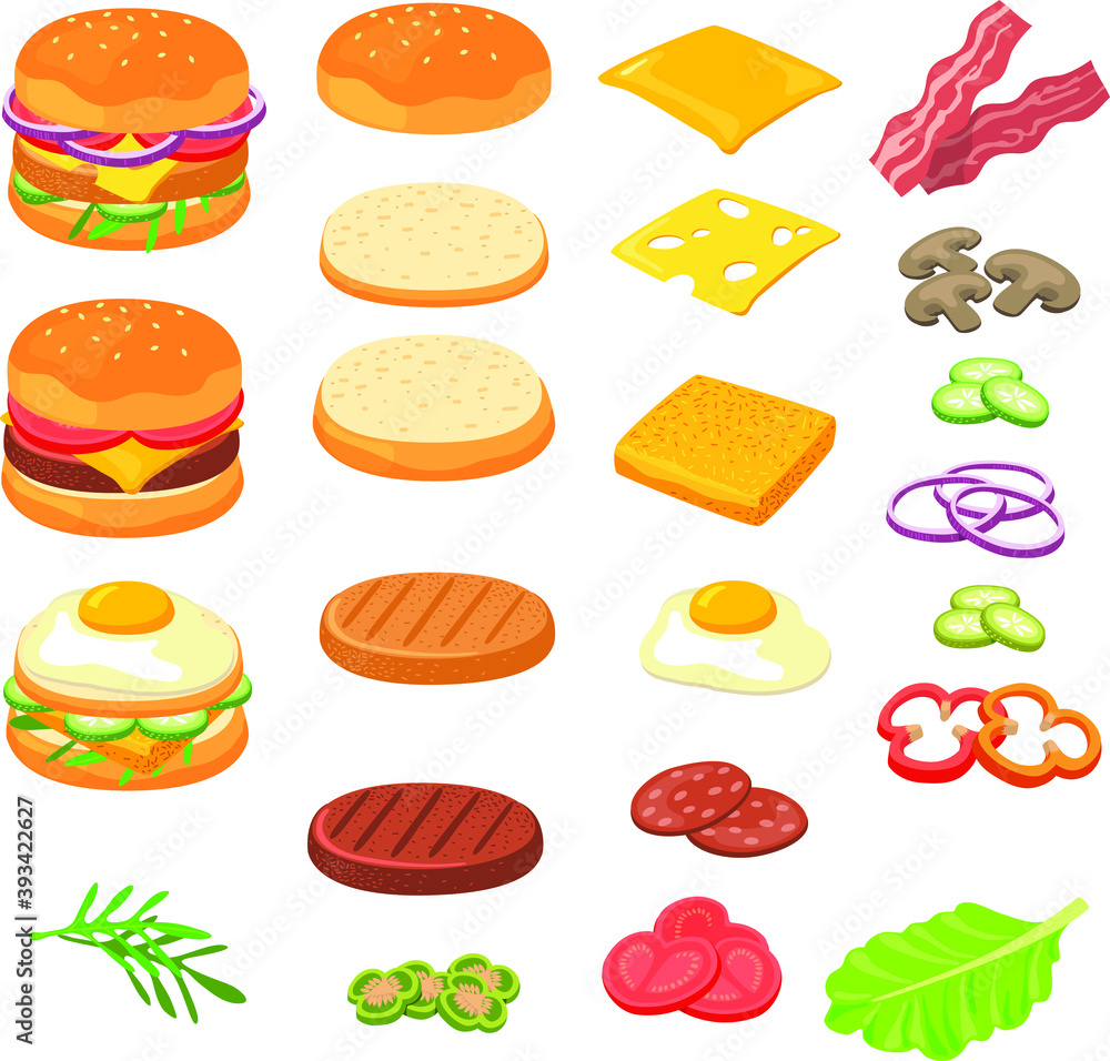  Burger ingredients set. food icons set.