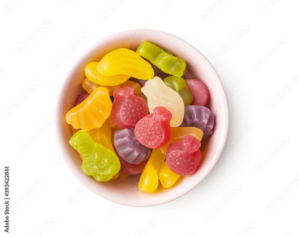 Colorful fruity jelly candies in bowl.