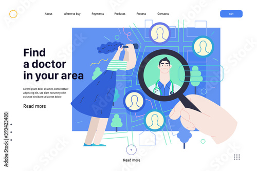 Find a doctor -medical insurance web page template -modern flat vector concept digital illustration -hand with a magnifying glass, woman with binocular, doctors portraits - a doctor searching metaphor