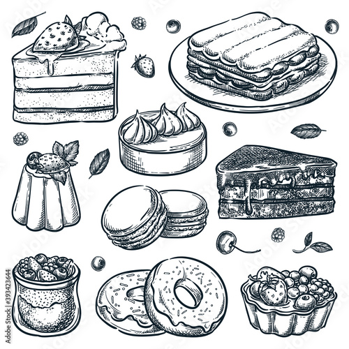 Sliced cakes collection. Vector hand drawn sketch illustration. Desserts icons and cafe design elements