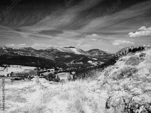 hills in the French Riviera back country in summer in black and white
