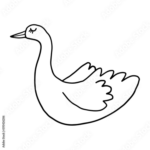 Cute cartoon doodle happy swan in childlike style isolated on white background. Vector illustration.