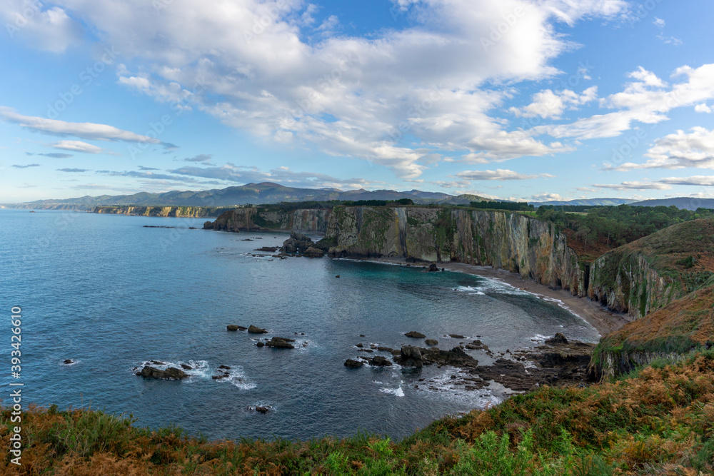 panorama of rugged coastline in northern Spain during autumn