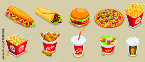  Isometric fast food collection with different products drinks