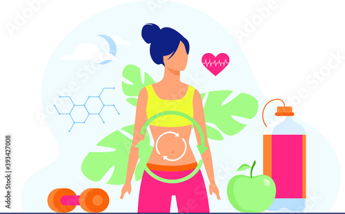 Metabolic process of woman on diet. Metabolism of human organism flat vector illustration. Cartoon young woman eating diet food for energy. Digestion, metabolic system and hormones concept