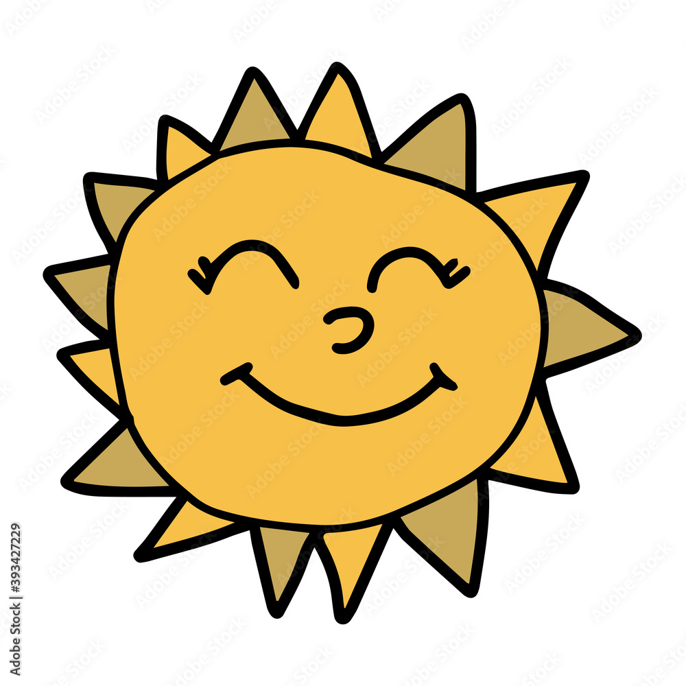 Cartoon linear doodle retro happy sun isolated on white background. Vector illustration.