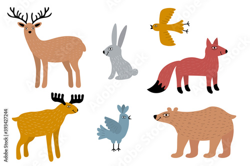 Cute Scandinavian animals set isolated on white background. Deer  fox  bear  birds  rabbit  moose in flat style. Vector illustration.