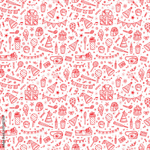 Holiday seamless pattern. Celebratory seamless background. Hand Drawn Doodle sweets, bunting flag, balloons, gifts, festive paper caps, festive attributes. Red Wallpaper for kids