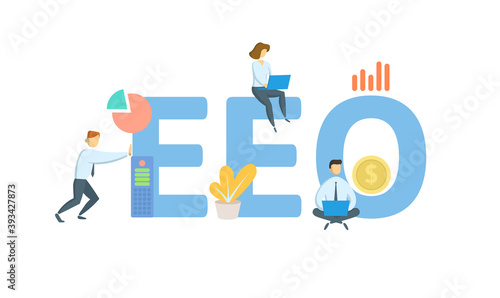 EEO, Equal Employment Opportunity. Concept with keywords, people and icons. Flat vector illustration. Isolated on white background.