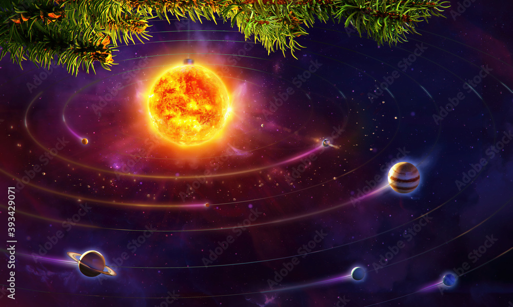 Christmas ball as Sun, Solar system with planets on a fir tree branch, holiday background. Merry christmas, happy new year 2021 3D concept space illustration, xmas greeting card design with sun ball