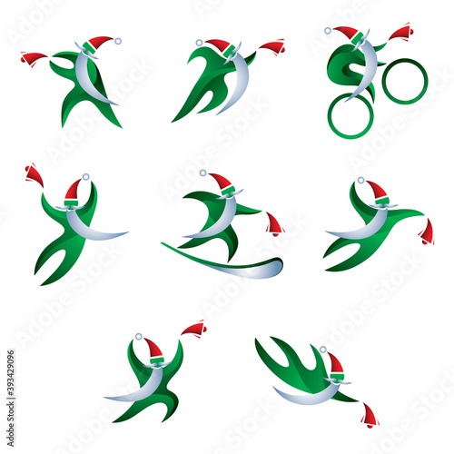 Stylish sports Santa Claus in a hurry to distribute gifts. Christmas Holidays Sign. White background. Isolated. Kinds of sports. Kit. Vector illustration.