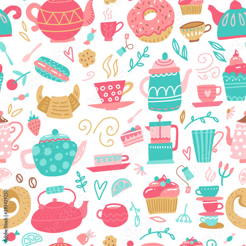 Seamless pattern with hand drawn tea time symbols on white background. Cartoon Color Tea and Sweets backdrop Include of Cup, Teapot, Cake, Cupcake, Candy and Dessert. Vector flat illustration