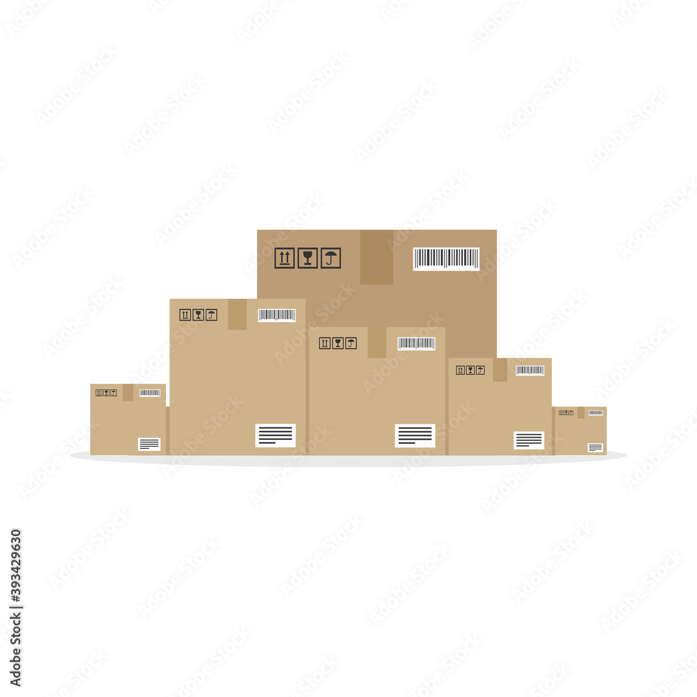 Fototapeta premium Pile of stacked sealed goods cardboard boxes. Vector illustration.