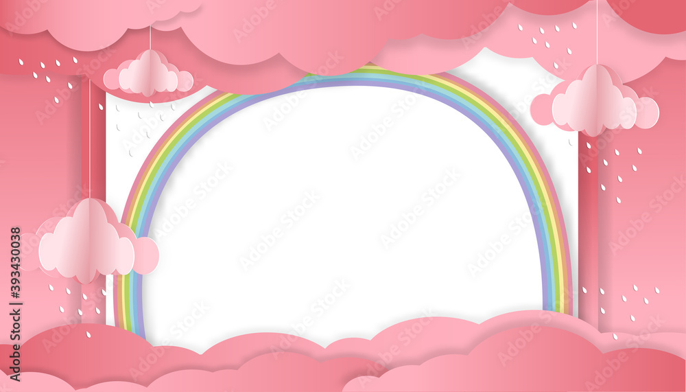 Vector illustration for baby girl shower card with rainbow, raining and clouds hanging on pink background, Cute paper cut with copy space for baby's photos, Greeting card for new born