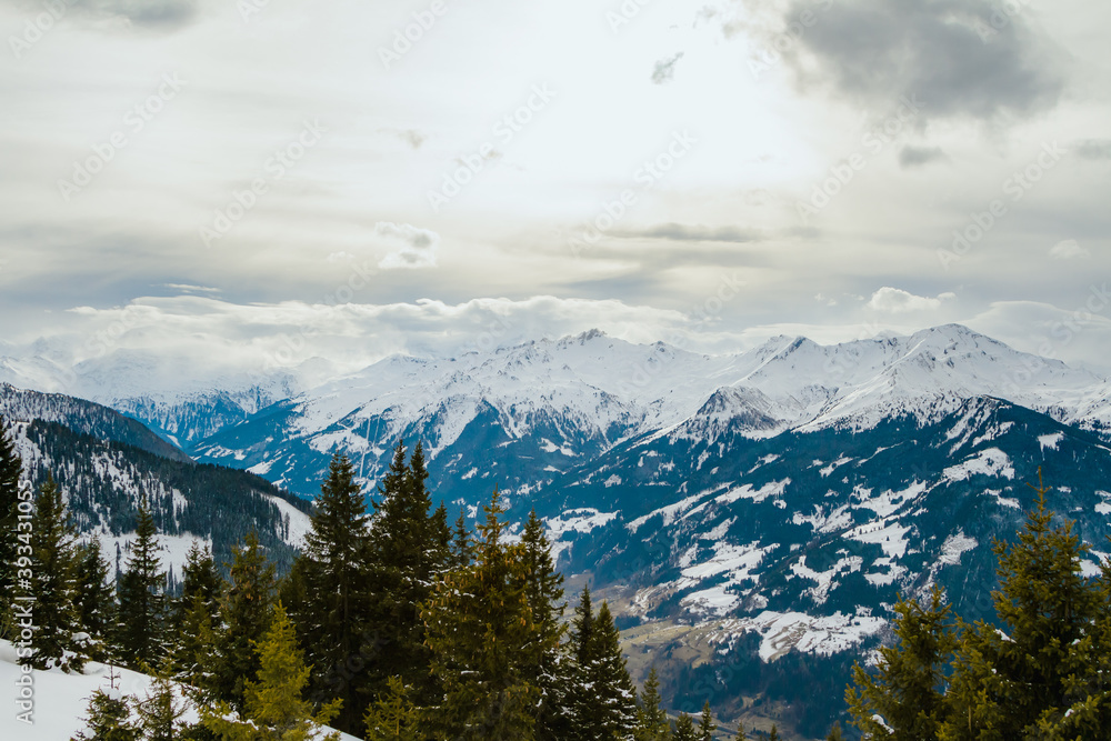 Winter landscape with panorama views of the Alps in the winter sports region Bad Gastein, Austrian Alps