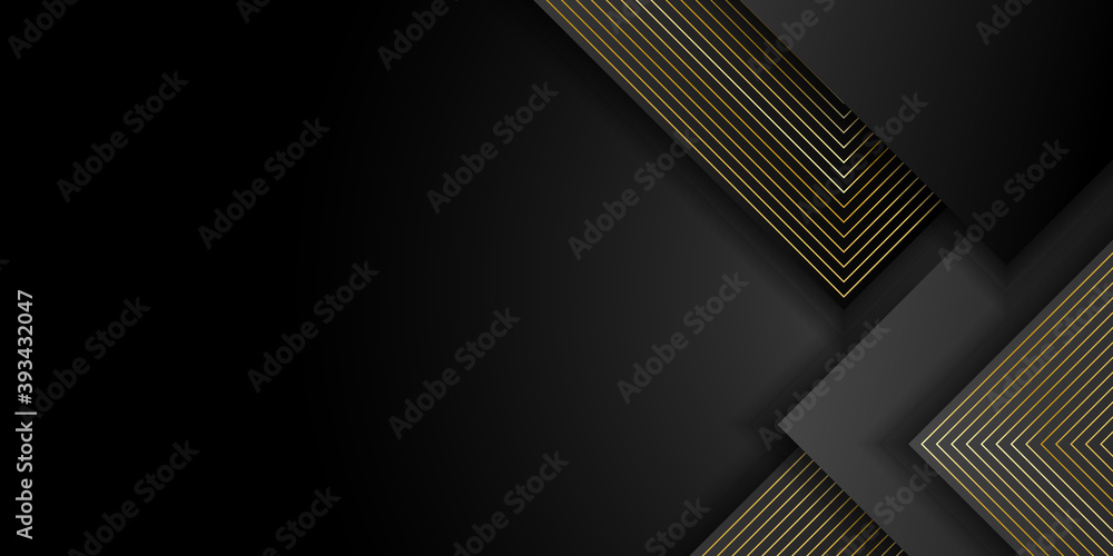 Vector luxury tech background. Stack of black paper material layer with gold stripe. Arrow shape premium wallpaper. Suit for business, corporate, institution, party, festive, seminar, and talks Vector luxury tech background. Stack of black paper material layer with gold stripe. Arrow shape premium wallpaper. Suit for business, corporate, institution, party, festive, seminar, and talks