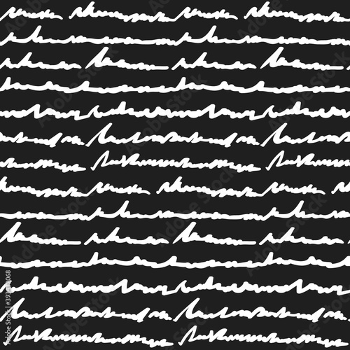 Seamless pattern with white hand written fake text on black background. Contrast texture with cursive for textile design, wrapping paper, educational and school surface, banner