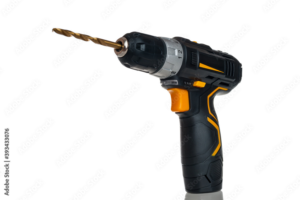 electric cordless screwdriver drill isolated on white background, professional home repair tool, hand power tool, copy space, mock up, design
