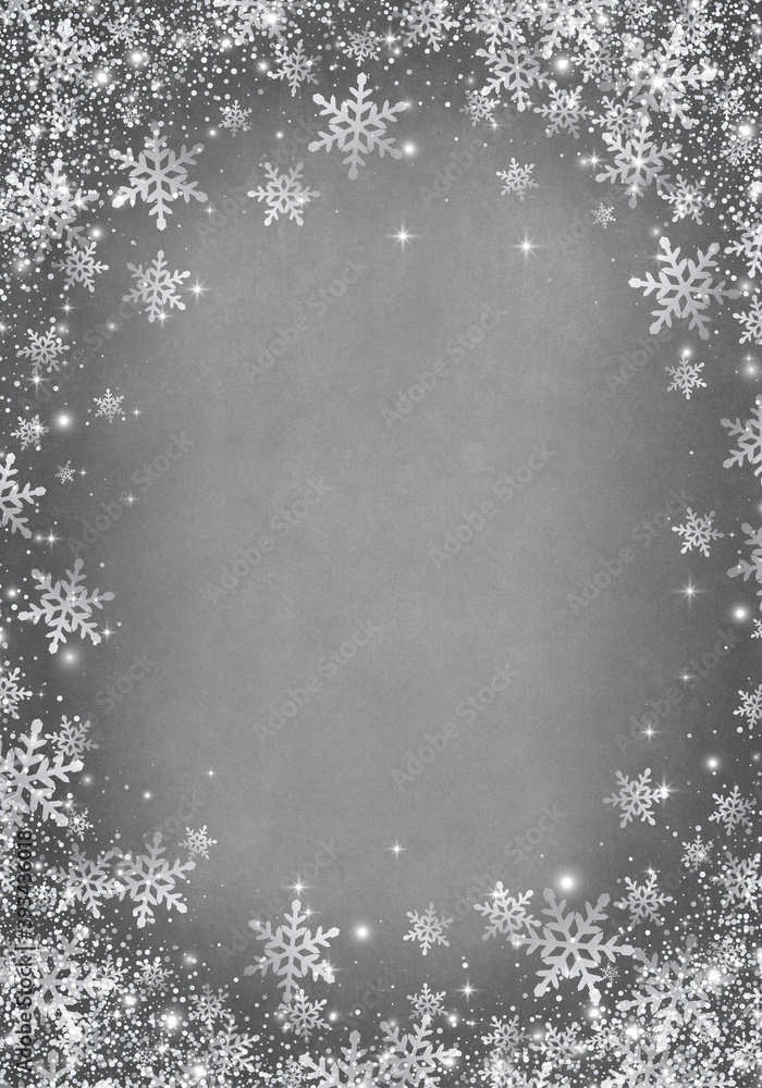 Fototapeta premium Snow background. Grey Christmas snowfall with defocused snowflakes. Winter concept with falling snow. Holiday texture.