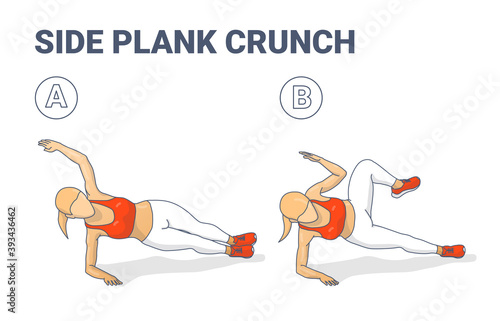 Side Plank Crunch Home Workout Exercise Girl Silhouette Colorful Concept Illustration