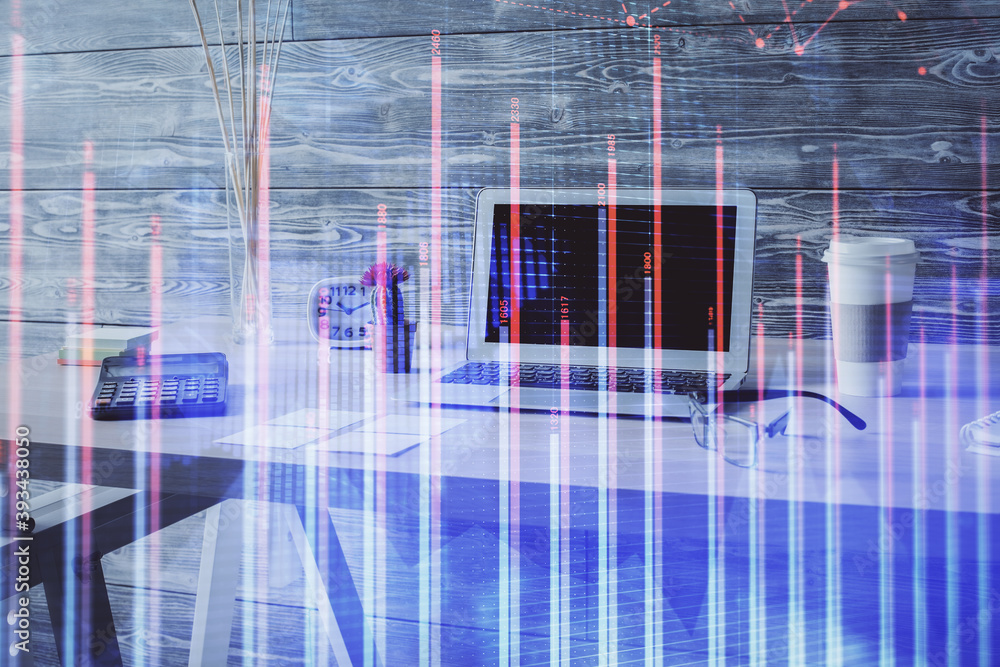 Double exposure of financial graph drawing and office interior background. Concept of stock market. Double exposure of financial graph drawing and office interior background. Concept of stock market.