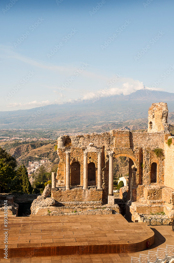 At Taormina is the ancient Greek theatre  one of the most celebrated ruins in Sicilybecause of its preservation and of the beauty of its situation. It is built of brick, and is of Roman date