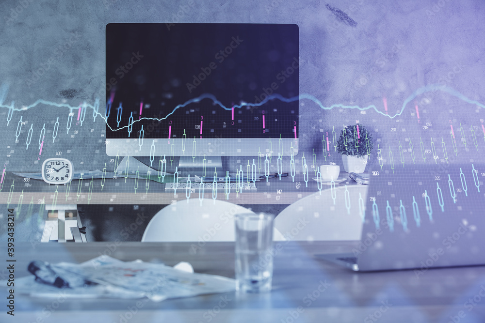 Multi exposure of financial graph drawing and office interior background. Concept of market analysis. Multi exposure of financial graph drawing and office interior background. Concept of market analysis.