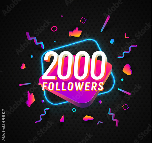 2000 followers celebration in social media vector web banner on dark background. Two thousand follows 3d Isolated design elements
