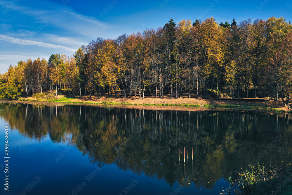 Shiny lake reflecting surrounding autumn forest Shiny lake reflecting surrounding autumn forest