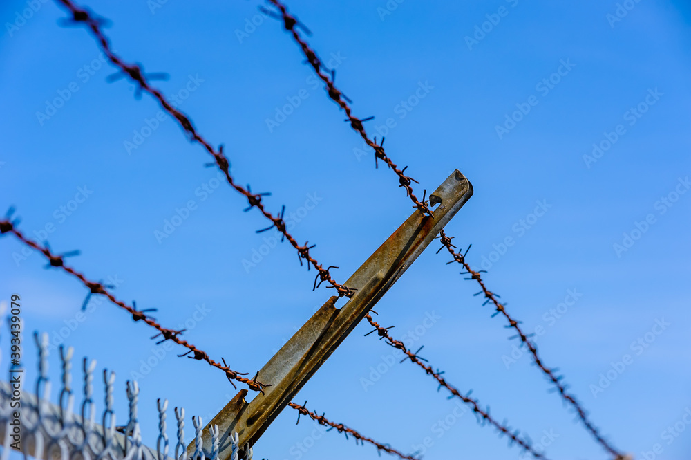 Focus on rusted barbed wires against blue sky. Focus on rusted barbed wires against blue sky.