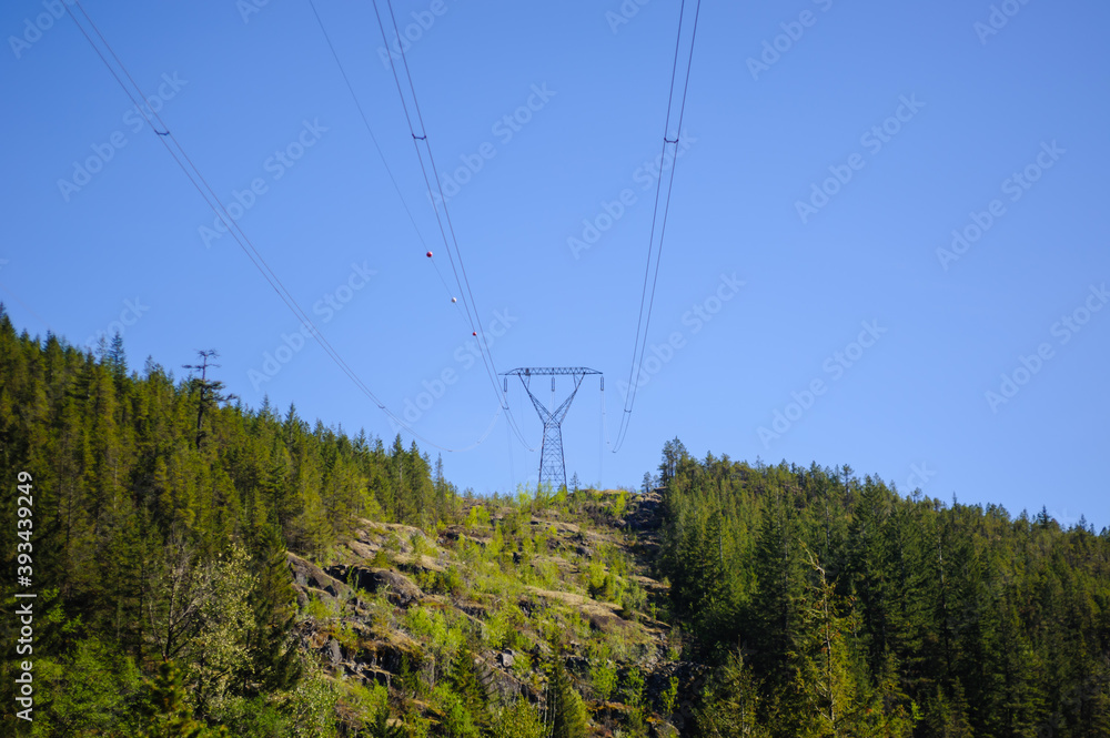 Power lines and tower passing through forest.