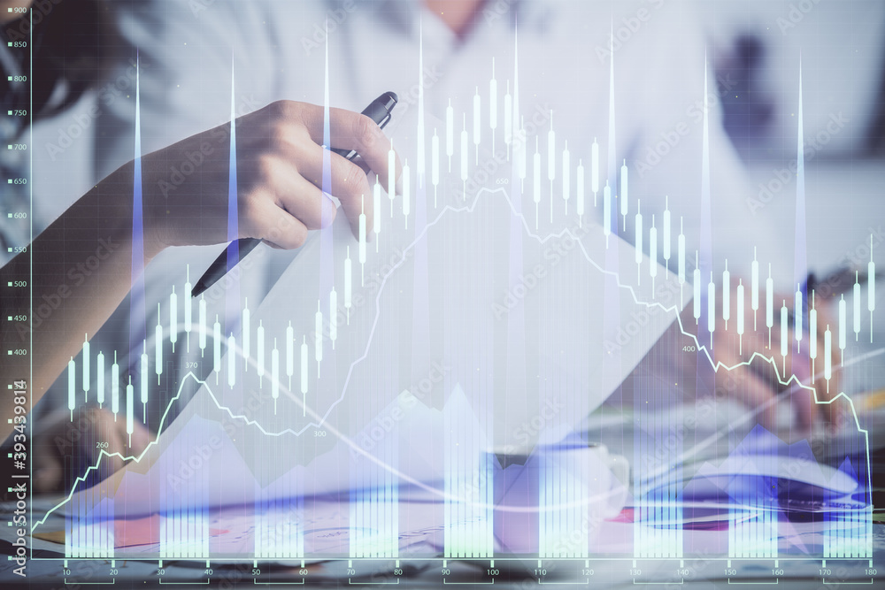 Double exposure of forex graph drawing over people taking notes background. Concept of financial analysis Double exposure of forex graph drawing over people taking notes background. Concept of financial analysis