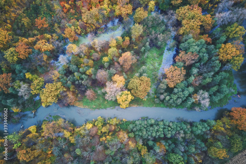 Aerial photography of the river and autumn forest, autumn landscape