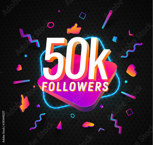 50k followers celebration in social media vector web banner on dark background. Fifty thousand follows 3d Isolated design elements
