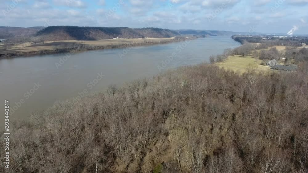 Ohio River with Winter Trees Indiana Kentucky Drone View Ohio River with Winter Trees Indiana Kentucky Drone View