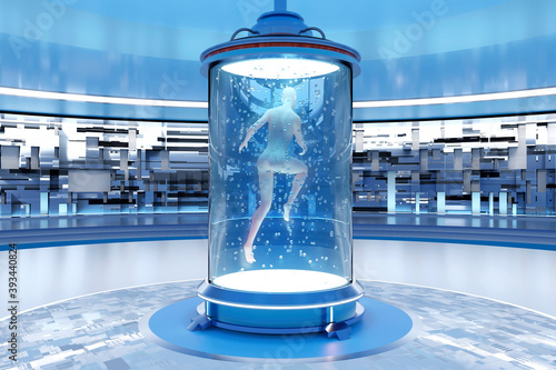 3D rendered Illustration of gynoid being created in regeneration tank at illuminated laboratory photo
