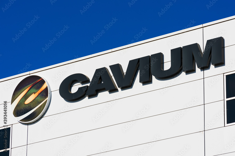 Cavium logo atop a fabless semiconductor company HQ. Cavium is owned by