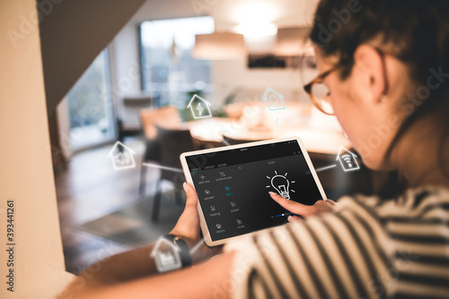 Woman sitting at home, using digital tablet to remote-control his smart home photo