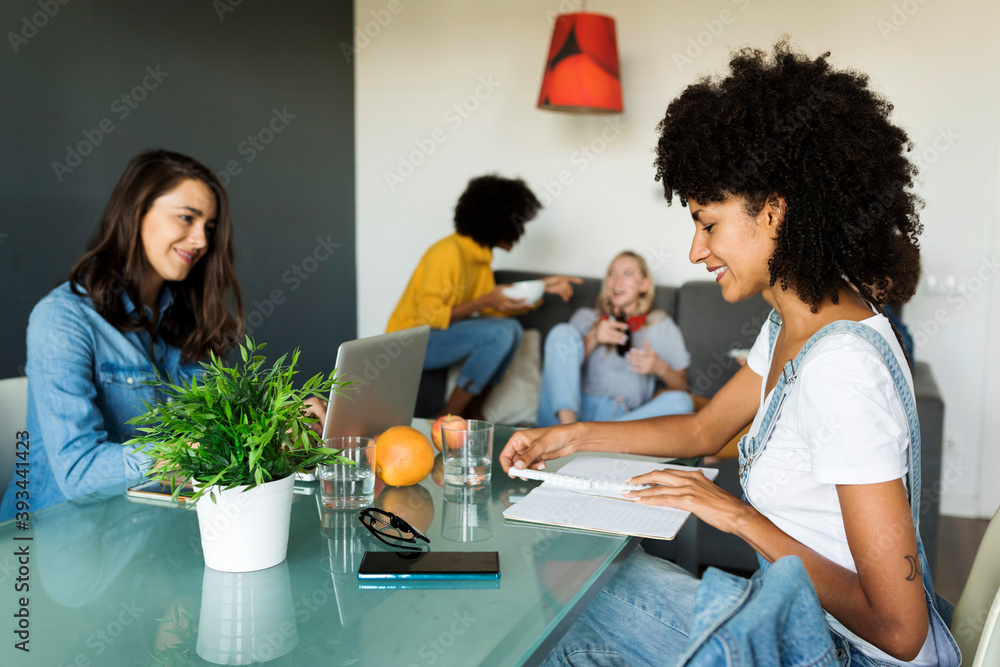 Women using laptop and notebook at dining table with friends in background Women using laptop and notebook at dining table with friends in background