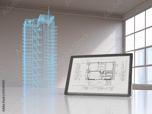 Tablet with blueprint and model of a skyscraper with digital grid, 3d rendering